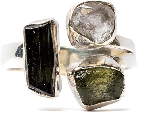 Moldavite Ring, Black Tourmaline, Herkimer Diamond Ring Czech Republic Natural Gemstone 925 Solid Sterling Silver Handmade Jewelry