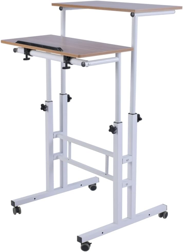 AIZ Double Table Adjustable Computer Desk, Mobile Standing Desk with Rolling Wheels for Home Office Workstation, Portable Laptop Stand Tall Table for Standing or Sitting, Adults or Children