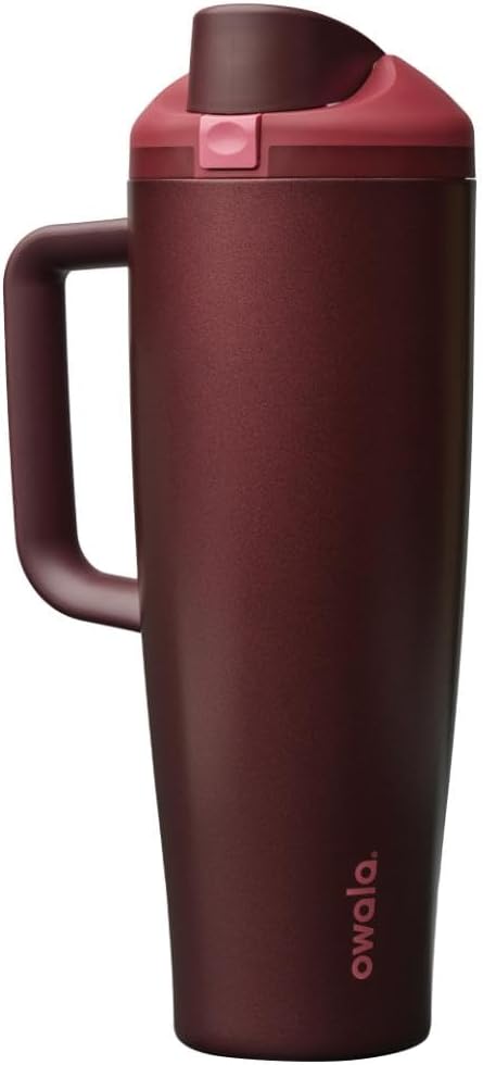 Owala FreeSip Tumbler Insulated Stainless Steel Water Bottle with Built-in Straw and Side Handle, For Travel, Work, School, and Sports, 40oz, BPA Free, Leak Proof, Black Cherry