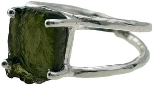 Rough Moldavite Silver Ring, 925 Sterling Silver Unique Gemstone Ring Certifed Moldavite From Czech Republic Statement Ring For Women Gift for Her