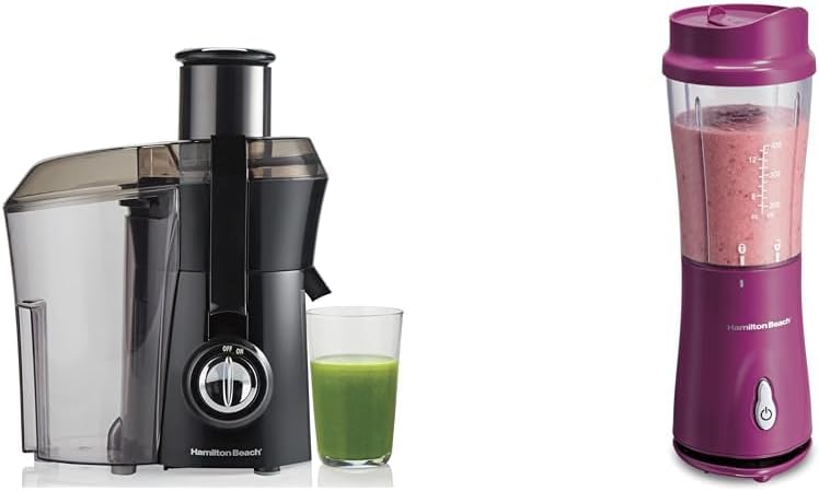Hamilton Beach Juicer Machine, Big Mouth Large 3” Feed Chute for Whole Fruits and Vegetables & Portable Blender for Shakes and Smoothies with 14 Oz BPA Free Travel Cup and Lid