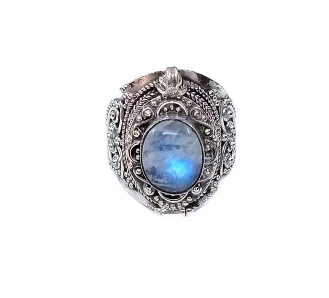 Natural Rainbow Moonstone Ring, Poison Box Ring, Oval Gemstone Ring, Storage Box Ring, Moonstone Jewelry, June Birthstone Ring, Openable Poison Ring, Locket Ring, Blue Flash Ring, Artisan design Ring
