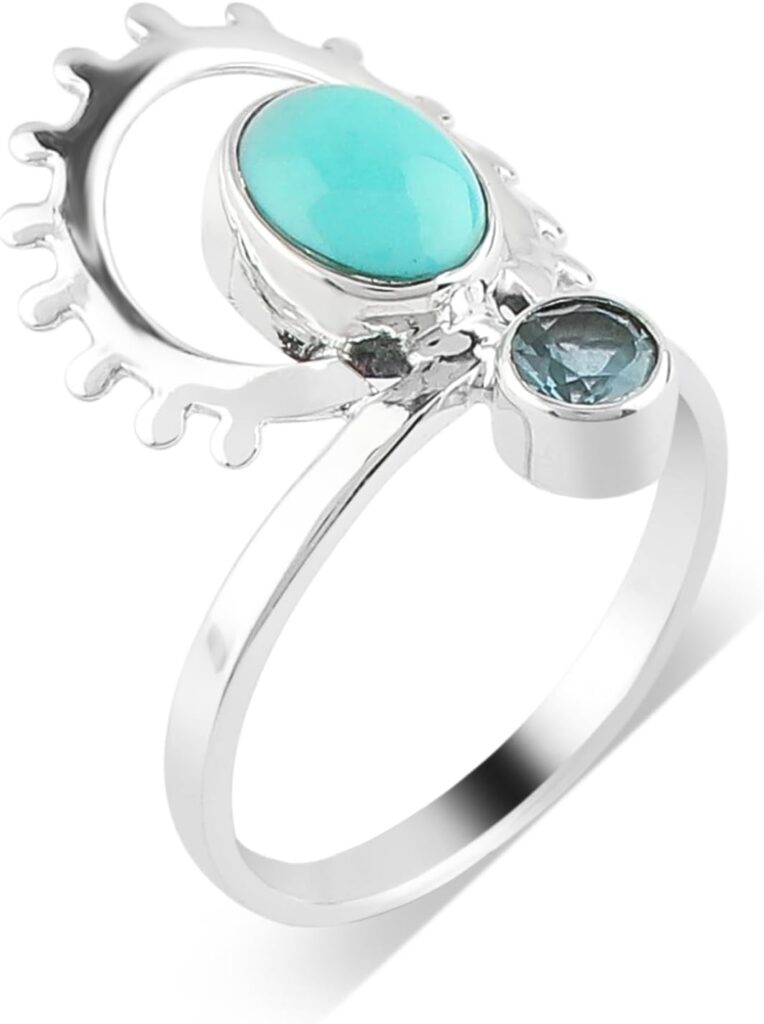 Natural Turquoise & Blue Topaz Gemstone Ring 925 Sterling Silver Statement Ring December Birthstone Handmade Jewelry Promise Wedding Bridal Women Rings Gifts
