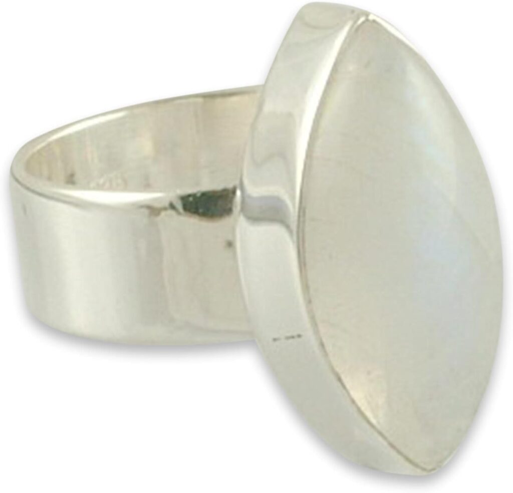 NOVICA Artisan Handmade Rainbow Moonstone Solitaire Ring Modern Sterling Silver Clear Single India Good Fortune [crownbezel 0.4 in min L x 0.8 in max L Band Width 8 mm W] ‘ Asymmetry’