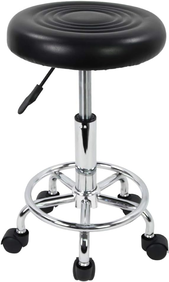 KKTONER PU Leather Modern Round Rolling Stool with Footrest Height Adjustable Spa Drafting Salon Tattoo Work Massage Stools Task Chair Small (Black)