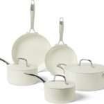 Amazon Basics Ceramic Nonstick Cookware, 8-Piece Set of Pots and Pans, Dishwasher and Oven-Safe, All Cooktop Friendly, Ivory