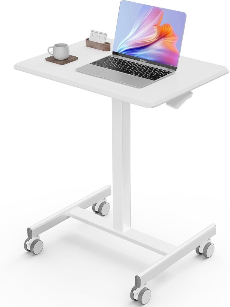 Sweetcrispy Mobile Small Standing Desk – Sit Stand Portable Rolling Laptop Desk with Lockable Wheels, Adjustable Height Computer Workstations, White