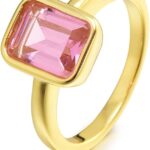 RIZILIA CELEBOX Solitaire Engagement Ring with Emerald Cut Gemstones CZ [6 Colors available] in Yellow Gold Plated, Celebrity inspired by Angelina Jolie