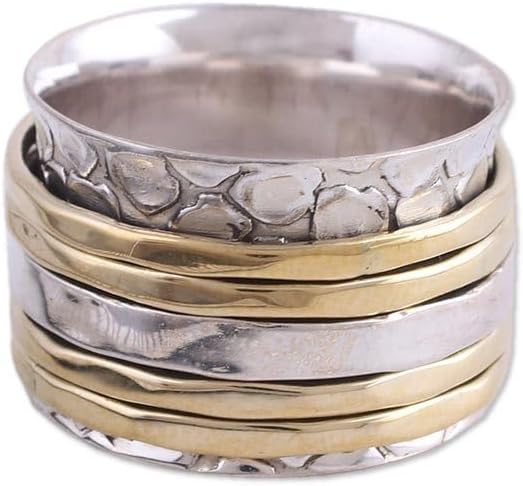 NOVICA Artisan Handmade .925 Sterling Silver Meditation Spinner Ring Brass from India ‘Five Rotations’
