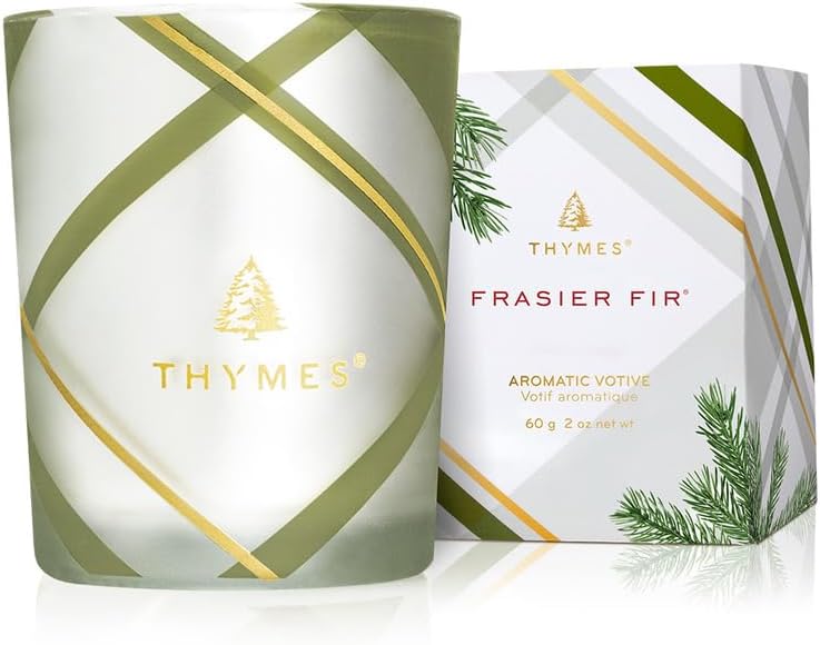 Thymes Frasier Fir Candle – Frosted Plaid Collection – Green & White Glass Jar Design – Scented Candles for Home Decor – Notes of Crisp Siberian Fir, Cedarwood & Sandalwood (Votive, 2 oz)