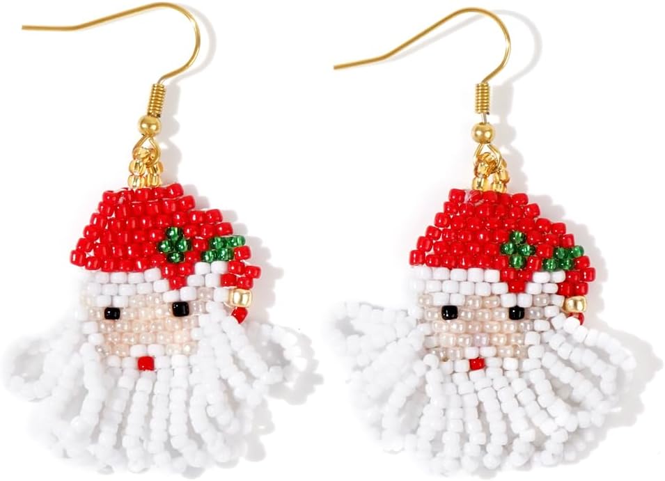 Christmas Statement Santa Beaded Earrings for Women Handmade Red Green White Long Tassel Dangle Drop Earrings Glass Seed Bead Festive Custom Holiday Party Christmas Jewelry Accessories Gift