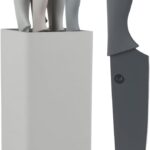 MasterChef Knife Block Set of 6 Kitchen Knives, Extra Sharp Stainless Steel Blades for Professional Cutting with Non Stick Coating & Soft Touch Easy Grip Handles in a Universal Holder, Earth Greys
