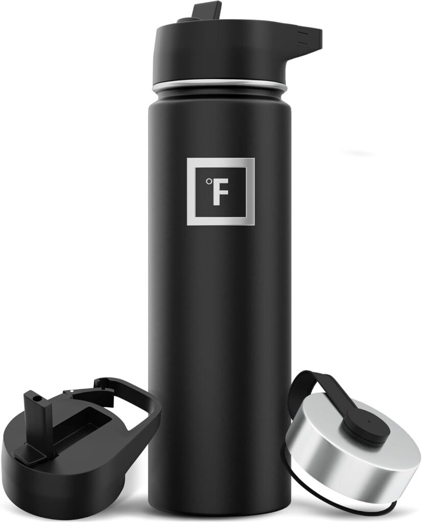 IRON °FLASK Camping & Hiking Hydration Flask with 3 Lids – Stainless Steel, Double Walled & Vacuum Insulated Water Bottle – Leak Proof & BPA Free (Midnight Black, Straw – 22 oz)