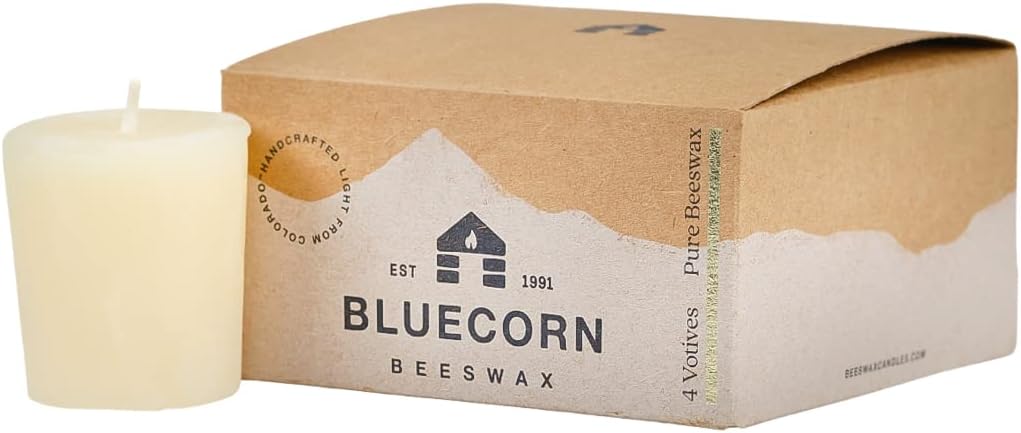 Bluecorn Beeswax 100% Pure Beeswax Votive Candles | Natural Beeswax Candles, Ivory White Beeswax Votives 4-Pack | Long Burn (12+ Hours) | Soy, Paraffin, & Fragrance Free | Handmade in Colorado