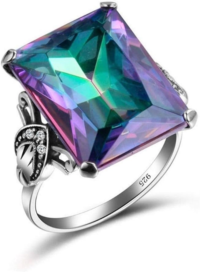 AZQ 925 Sterling Silver Fashion Natural Topaz Ring 5ct Square Perfect Cut Rainbow Topaz Gemstone Promise Rings CZ Eternity Engagement Wedding Band Ring for Women