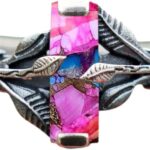 Handmade 925 Silver Pink Oyster Turquoise Ring Bar Shape Gemstone with Leaf Band Nature Inspired Artisan Jewelry for Women Boho Style Statement Ring Gift Idea By DyeAndDesign