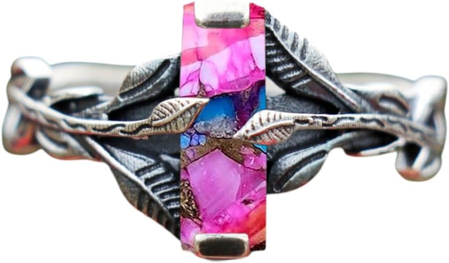 Handmade 925 Silver Pink Oyster Turquoise Ring Bar Shape Gemstone with Leaf Band Nature Inspired Artisan Jewelry for Women Boho Style Statement Ring Gift Idea By DyeAndDesign