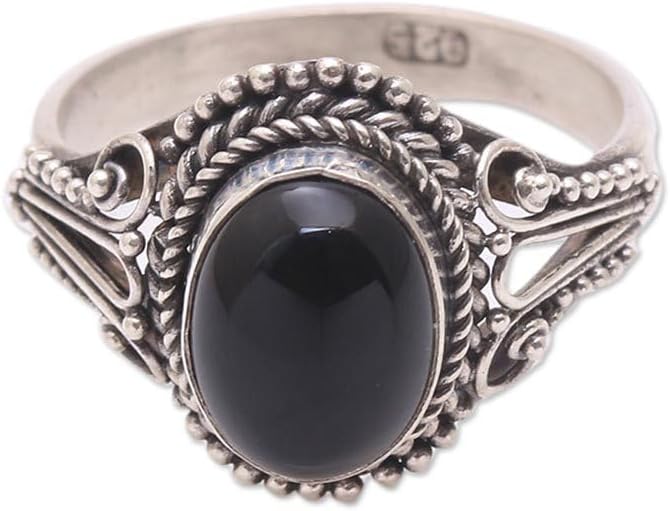 NOVICA Artisan Handmade Onyx Singlestone Ring from Bali .925 Sterling Silver Indonesia Birthstone Gemstone ‘Princess Gem’