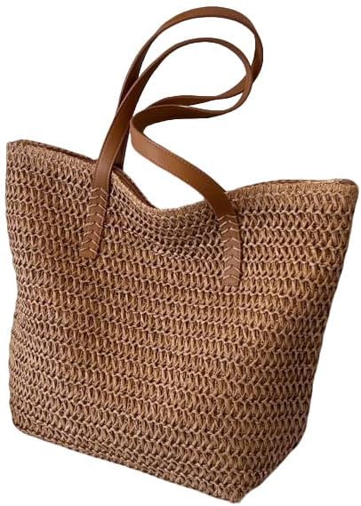 Straw Totes Beach Bags Straw Bag Summer Woven Handmade Shoulder Bag Purse Buckets Totes Handbag For Women,Khaki