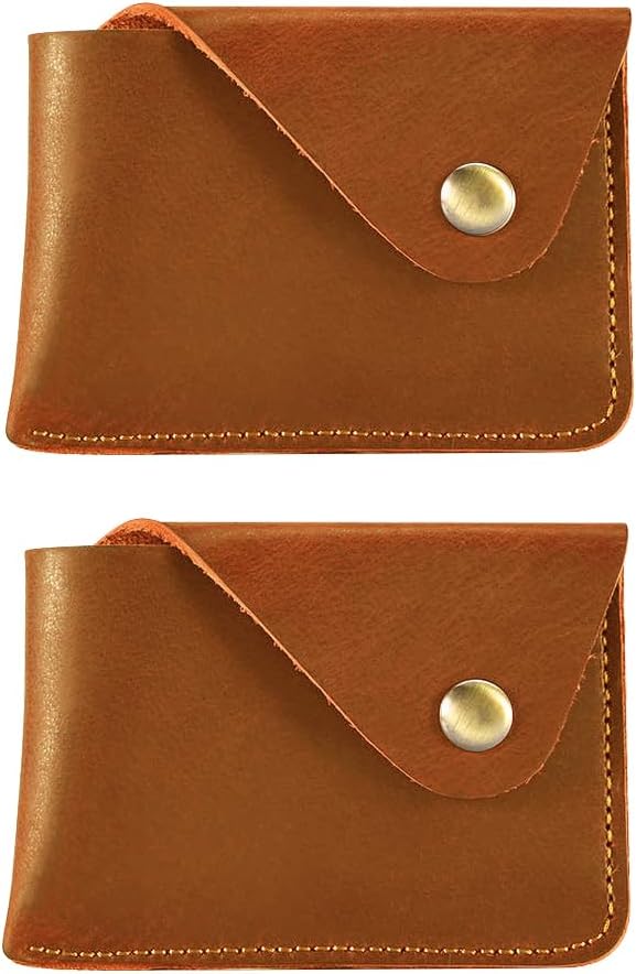 2 Pcs Classic Handcrafted Leather Card Holder with Secure Snap,Ultra Slim Minimalist Coin Pouch Credit Card Wallet Front Pocket Purse for Women & Men (2Pcs+Brown)