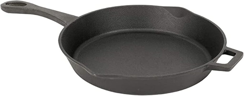 Bayou Classic 7434 14-in Cast Iron Skillet Features Helper Handle and Pour Spouts Perfect For Searing Braising Frying and Baking Pies and Cobblers