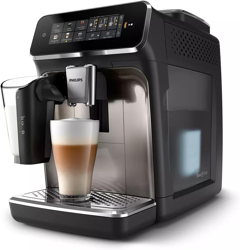Philips 3300-Series Fully Automatic Espresso Machine – 6 Drinks, Modern Colour Touch Screen, LatteGo Milking System, SilentBrew, 100% Ceramic Grinder, AquaClean Filter. Black Chrome (EP3347/90) (Renewed)