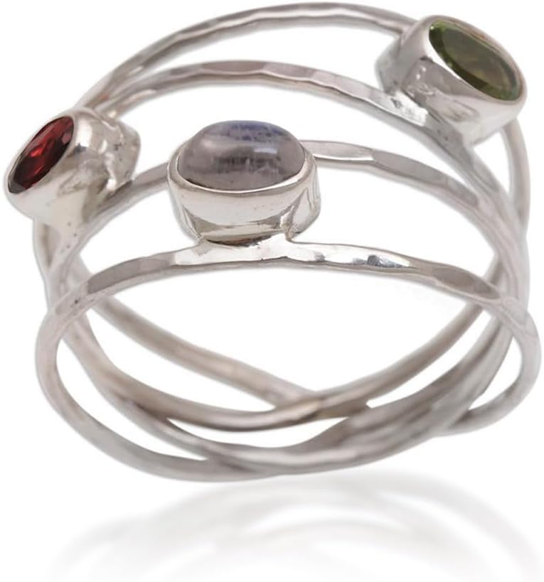 NOVICA Artisan Handmade Multigemstone Ring Unique .925 Sterling Silver from Bali Clear Green Multicolor Red Indonesia Birthstone ‘Brilliant Majesty’