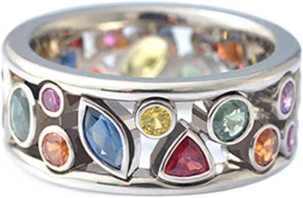 Vintage 925 Sterling Silver Multicolored Crystal Ring AAA Cubic Zirconia Boho Statement Band Ring for Women, Geometrical Gemstone Eternity Ring Cocktail Party Ring