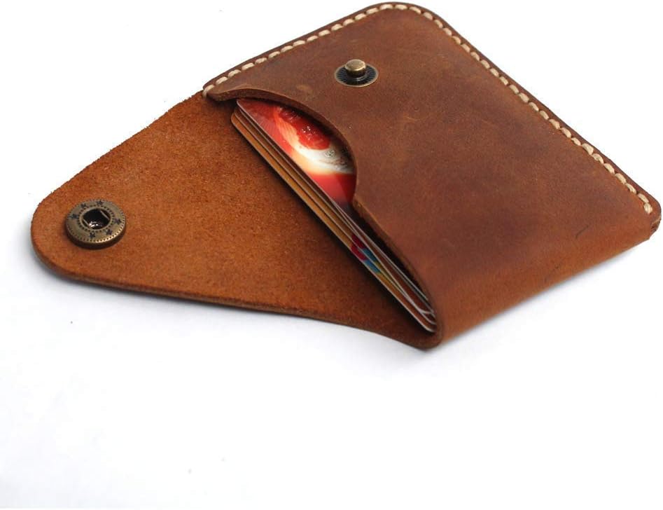 Handmade Genuine Leather Card Holder with Snap Closure – Ultra Slim Minimalist Wallet, Hand-Stitched Compact Front Pocket Card Case for Men & Women (Brown)
