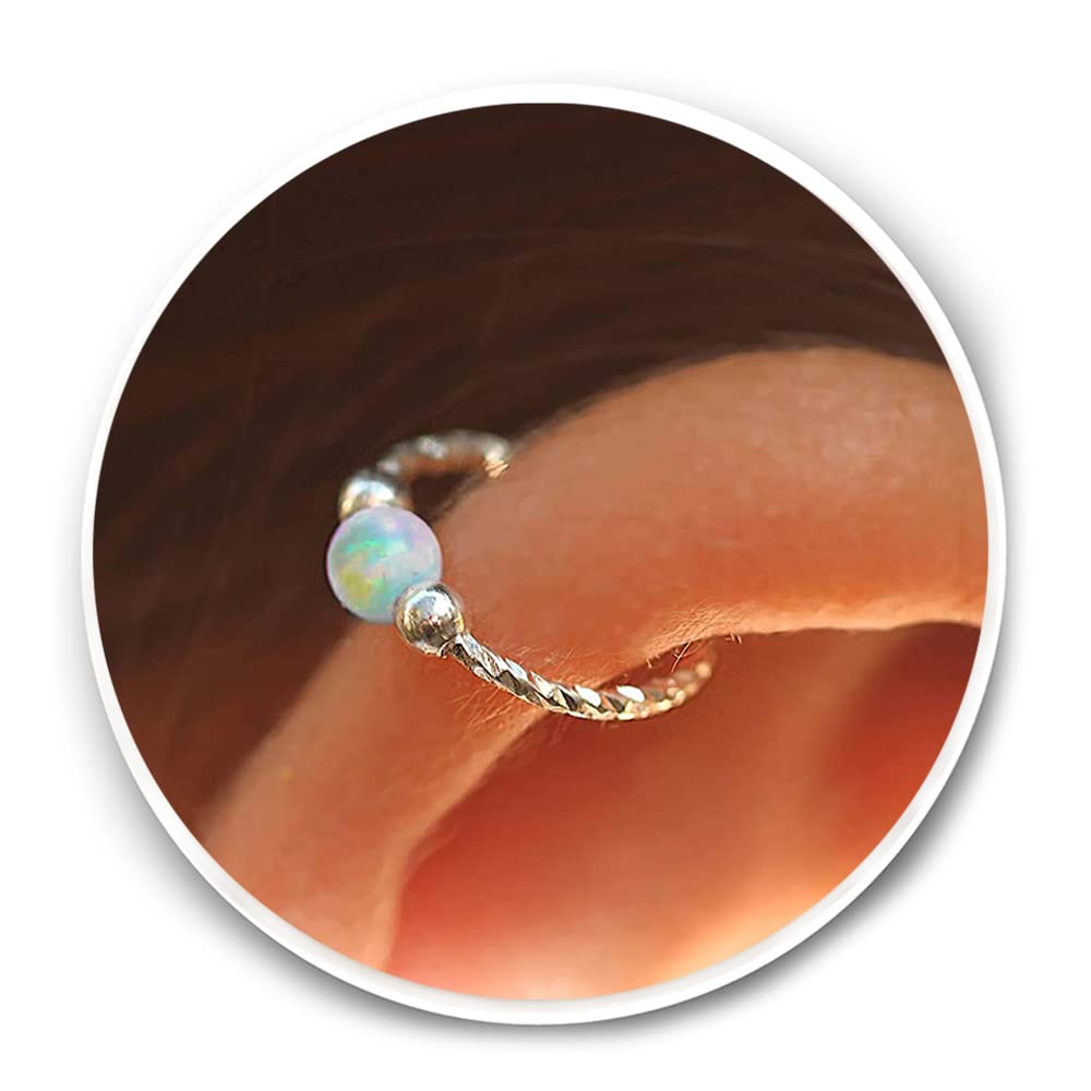 925 Sterling Silver Cartilage Earring – Thin Tiny 20 Gauge 8mm diameter – White Opal Helix Hoop – Handmade Silver Helix Piercing Jewelry For Women – Gift Ready