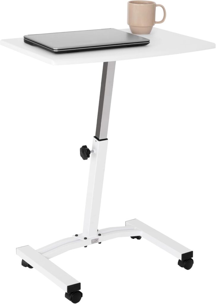 Seville Classics Airlift Mobile Height Adjustable Laptop Stand Computer Workstation for Sitting Classroom Home Office Medical Table w/Wheels, Flat Desk 24″, White