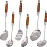 VALESKA 304 Stainless Steel Kitchen Utensils Set with Wood Handle, 6 PCS Metal Cooking Utensils Set, kitchen essentials, Non-Stick and Heat Resistant, Easy to Clean