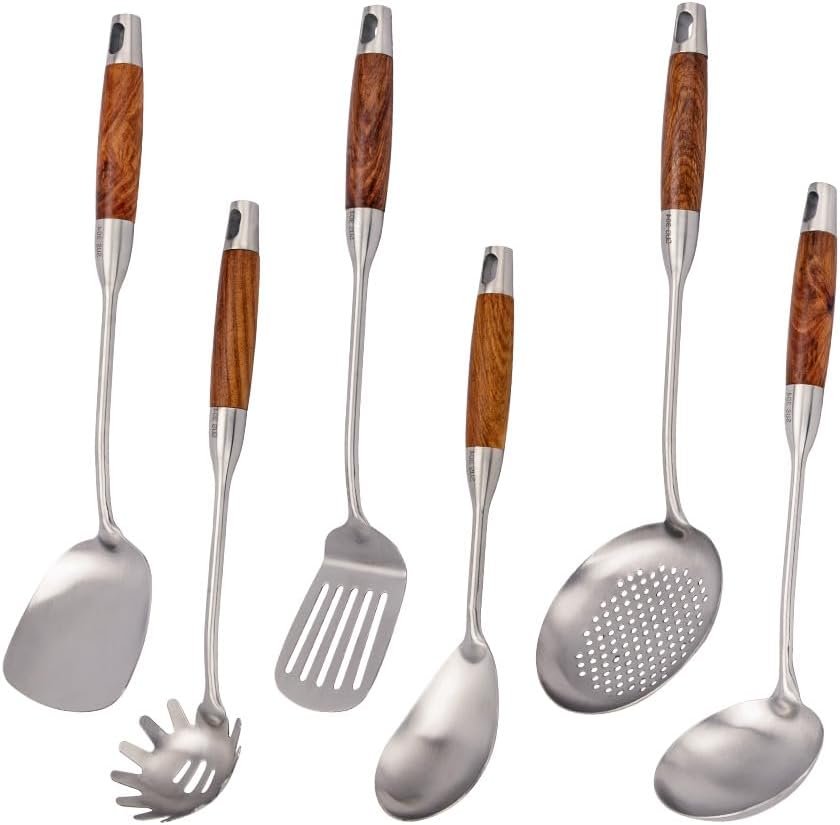 VALESKA 304 Stainless Steel Kitchen Utensils Set with Wood Handle, 6 PCS Metal Cooking Utensils Set, kitchen essentials, Non-Stick and Heat Resistant, Easy to Clean
