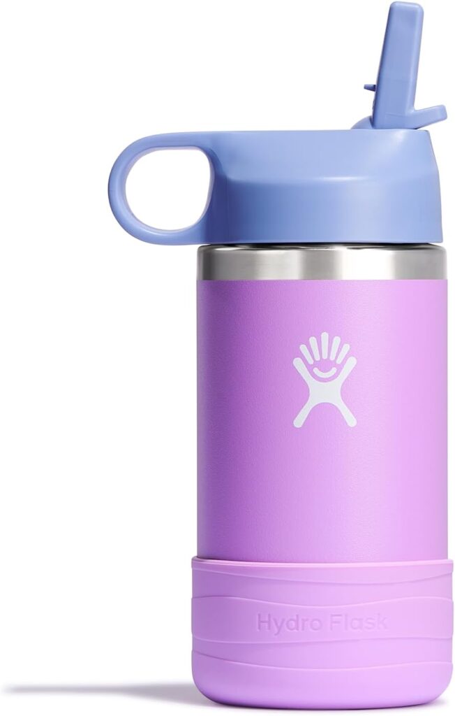 Hydro Flask Kids Water Bottle for School – Stainless Steel and Insulated with Straw Cap – 12 Oz in Anemone Purple