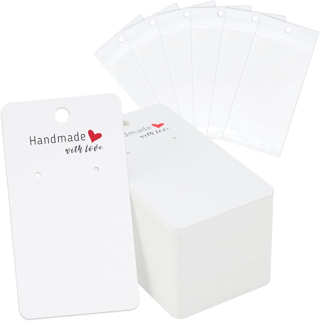 joycraft 100Pcs Earring Display Cards with Bags, 2×3.5 inch Earring Display Holder Cards, White Handmade with Love Earring Tags for Selling, Hanging Earring, DIY Jewelry Crafts, Retail