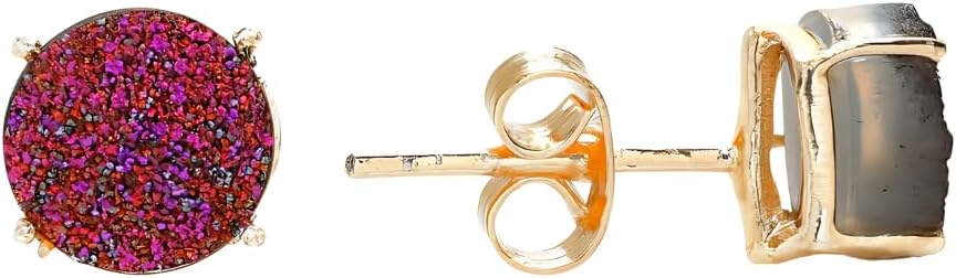 Gempires Gemstone Druzy Stud Earrings for Women 14k Gold Plated Handmade Prong Set Studs Raw Crystal Hypoallergenic Jewelry Minimalist Every Ocassion Gift