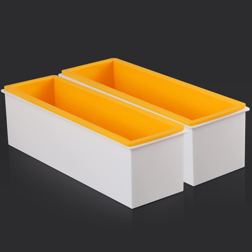 2 Pcs Loaf Soap Mold with Plastic Box, Flexible Silicone Rectangular Mold 42oz, Swirl Making Tool for DIY Soap, Handmade Candles, Resin Casting, Homemade Desserts (Yellow)