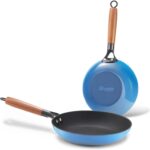 KITESSENSU Enameled Cast Iron Skillets – Non Stick Frying Pans Set with Durable Wooden Handle – 10&12 Inch Titanium Cast Iron Pans for Multi-Cooking – Pre Seasoned Cookware Set – Gradual Cobalt Blue