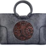 Vintage Leather Purse for Women Clutch Satchel Top-Handle Tote Bag Embossed Totem Shoulder Handbags