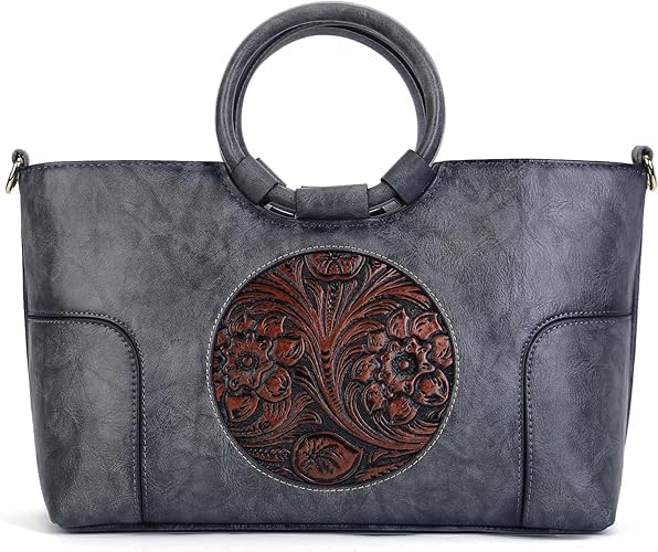 Vintage Leather Purse for Women Clutch Satchel Top-Handle Tote Bag Embossed Totem Shoulder Handbags