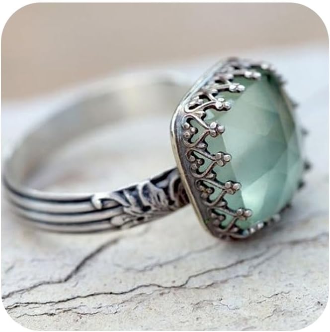 Vintage Silver Mint Green Moonstone Ring 925 Sterling Silver Retro Princess Square Cut Green Moonstone Diamond Prehnite Gemstone Wedding Engagement Ring