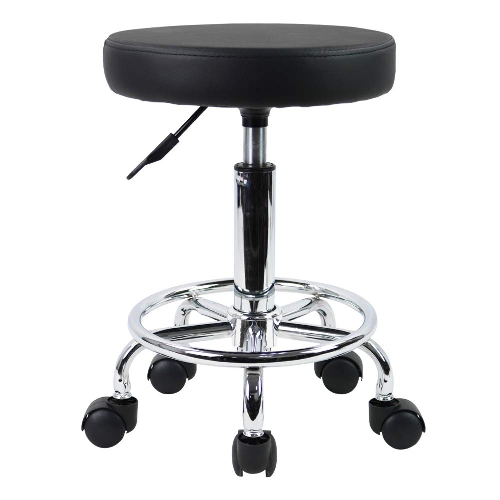 KKTONER PU Leather Round Rolling Stool with Foot Rest Swivel Height Adjustment Spa Drafting Salon Tattoo Work Office Massage Stools Task Chair Small (Black)