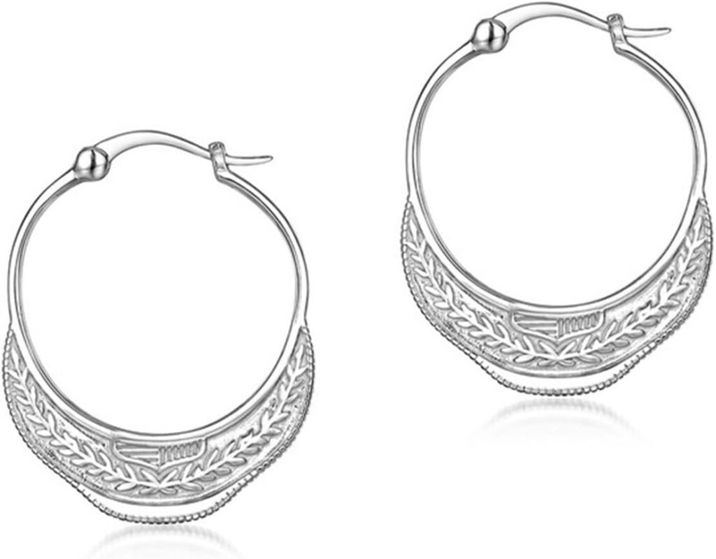 Handcrafted Jewelry Gifts for Women – S925 Sterling Silver Leaf-Textured Embossed Arc Hoop Earrings for Women | Elegant Vintage Coin Hoop Earrings for Ladies