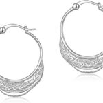 Handcrafted Jewelry Gifts for Women – S925 Sterling Silver Leaf-Textured Embossed Arc Hoop Earrings for Women | Elegant Vintage Coin Hoop Earrings for Ladies