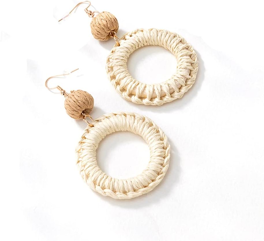 Boho Raffia Ball Long Earrings Multicolor Handmade Dangle Drop Earrings Bohemian Summer Beach Rattan Earrings