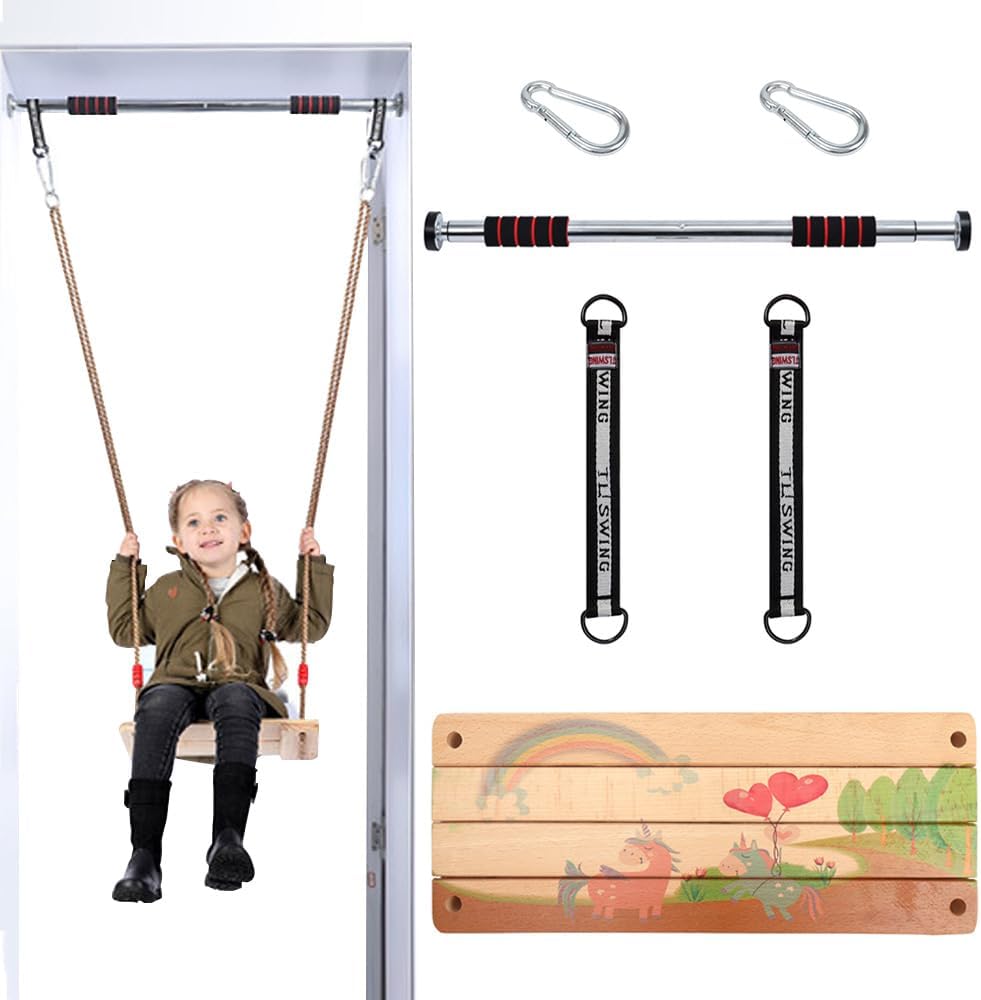 Doorway Swing Set Includes WoodenSwing for Kids & Indoor Pull Up Bar, Colored Drawing Wood Rope Swing for Children Toy Gift, Fit for 32.3″- 41.3″ Door Width