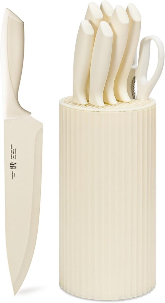 Knife Set, 8-Piece Kitchen Knife Set for Chef, Sharp Knife Set with Universal Knife Block, Anti-Rust Kitchen Knife Block Set, Ergonomical Design (Beige)