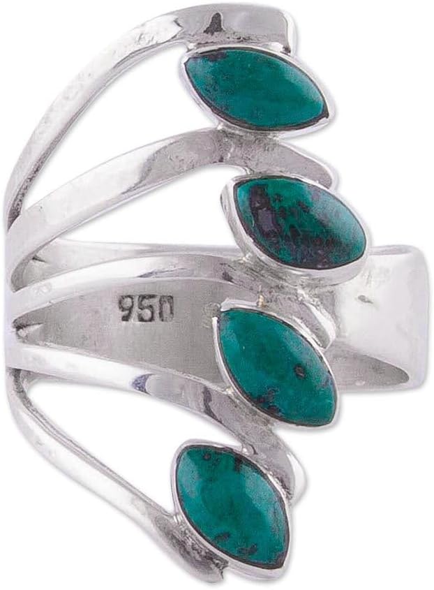 NOVICA Artisan Handmade Chrysocolla Multistone Ring 950 Silver Leaf from Peru Fine Green Gemstone Tree ‘Radiant Leaves’