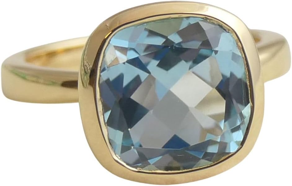 Blue Topaz Cushion Cut 925 Gold Plated Sterling Silver Ring – Natural Gem Gemstone – Handmade Jewelry Gift Ideas for Women – December Birthstone – Birthday Valentine’s Mother’s Day Gift