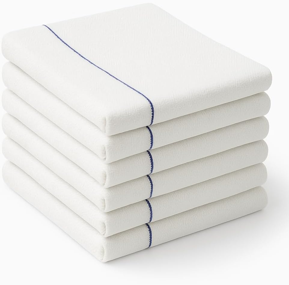 100% Cotton Kitchen Towels – Set of 6, 20” x 28” – White Flat Weave Tea Towels with Hanging Loop – Blue Stripe Dish Towels for Drying & Cleaning – Premium White